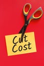 Cost Cutting Concept. Scissors Cutting Through Yellow Sticky Note Royalty Free Stock Photo