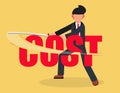 Cost cutting, Reducing expenses. Businessman using sword to slash cut the word cost