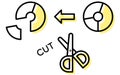 Cost-cutting, simple line-drawing icon with scissors to cut pie chart Royalty Free Stock Photo