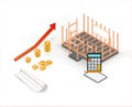 Cost estimation for building house with rolled blueprint plan and calculator. Isometric concept.