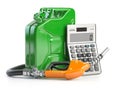 Cost of fuel calculation concept. Gas pump nozzle, gasoline canister amd calculator isolated on white