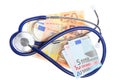 Cost of health care: stethoscope on euro money Royalty Free Stock Photo