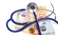 Cost of health care: stethoscope on euro money Royalty Free Stock Photo