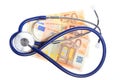 Cost of health care: stethoscope on euro money Royalty Free Stock Photo