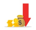 Cost low and loss. Decrease revenue. Crisis of economy. Icon of money inflation. Graph of financial investment with arrow down.