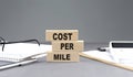 COST PER MILE text on wooden block with notebook,chart and calculator, grey background