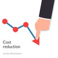 Cost reduction concept. Cost down. Businessman with his hand lowers the arrow of the graph. Decrease down profit