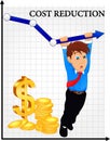 Cost reduction concept. Cost down. Businessman with his hand lowers the arrow of the graph