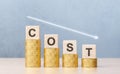 Cost reduction Concept. Cost text with down arrow. reduction in the cost of product services, modernization, credit products