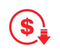 Cost reduction- decrease dollar icon. Vector symbol image isolated on background Royalty Free Stock Photo