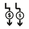 Cost reduction icon. Dollar decrease icon. Money symbol with arrow. Dollar down icon. Vector illustration. EPS 10. Royalty Free Stock Photo