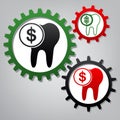 The cost of tooth treatment sign. Vector. Three connected gears