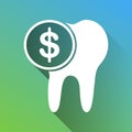 The cost of tooth treatment sign. White Icon with gray dropped limitless shadow on green to blue background