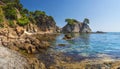 Costa Brava. Picturesque sea landscape in Lloret de Mar. Spanish seascape on clear summer day. Rocky beach in mediterranean shore