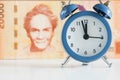 Costa Rica banknote, twenty thousand Colones, alarm clock set to five to twelve, economic and business concept Royalty Free Stock Photo