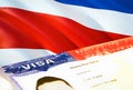 Costa Rica immigration document close up. Passport visa on Costa Rica flag. Costa Rica visitor visa in passport,3D rendering.
