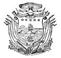 Costa Rican Coat of Arms are divide two oceans where ships are sailing, vintage engraving