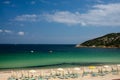 Costa Smeralda beach escape. Amazing beach views from Sardinia, Italy. Nobody on the beach. Closed umbrellas and sun chairs