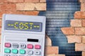 Costs about Data Breach - concept with cracked brick wall, binary code and calculator with COSTS text written on it Royalty Free Stock Photo