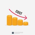Costs reduction, costs cut, costs optimization business concept. Coin stacks with descending curve or arrow vector illustration