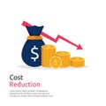 Costs reduction, costs cut, costs optimization business concept. Sack of money and coin stacks symbol with descending curve or