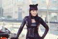 Costume of a beautiful young model wearing a cat costume. Hot sexy brunette cat-style female black fetish latex leather cat. Royalty Free Stock Photo