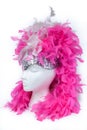 Costume carnival feather pink color wig on white background. Royalty Free Stock Photo