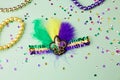 Costume decor for the Mardi Festival, head decoration with feathers and colorful sequins, beads