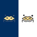 Costume, Mask, Masquerade Icons. Flat and Line Filled Icon Set Vector Blue Background