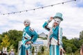 Costume performance. masked artists on stilts at city party in Kazan, Russia, 08.07.2019
