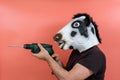 Costumed person in cow mask using a drill Royalty Free Stock Photo