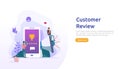 Costumer review rating concept. people character giving feedback evaluation. satisfaction level and critic support with smartphone