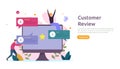 Costumer review rating concept. people character giving feedback evaluation. satisfaction level and critic support with smartphone