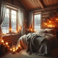 Cosy bedroom in a wooden house, winter outside the windows Royalty Free Stock Photo