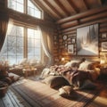 Cosy bedroom in a wooden house, winter outside the windows Royalty Free Stock Photo