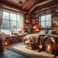 Cosy bedroom in a wooden house, winter outside the windows Royalty Free Stock Photo