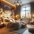 Cosy bedroom in a wooden house, winter outside the windows Royalty Free Stock Photo