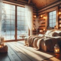 Cosy bedroom in a wooden house, winter outside the windows Royalty Free Stock Photo