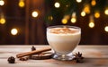 Cosy Christmas drink poster. Delicious eggnog on wooden table. Golden bokeh, de focus.