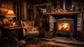 Cosy cottage living room with fireplace with woodburning stove. Generative AI Royalty Free Stock Photo