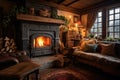 Cosy cottage living room with fireplace with woodburning stove. Generative AI Royalty Free Stock Photo