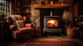 Cosy cottage living room with fireplace with woodburning stove. Generative AI