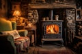 Cosy cottage living room with fireplace with woodburning stove. Generative AI