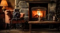 Cosy cottage living room with fireplace with woodburning stove. Generative AI Royalty Free Stock Photo