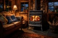 Cosy cottage living room with fireplace with woodburning stove. Generative AI Royalty Free Stock Photo