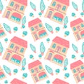 Cosy cottage seamless pattern on white backdrop stock vector illustration