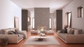 Cosy dove gray and beige living room with sofa, carpet, table and pouf, concrete modern fireplace and walls, kitchen with table,