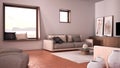 Cosy dove gray and beige living room with sofa and pillows, lounge, carpet, coffee table, pouf and decors, panoramic window, Royalty Free Stock Photo
