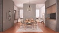 Cosy dove gray and wooden kitchen with dining table and chairs, concrete modern fireplace and walls, living room with sofa,