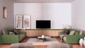 Cosy green and beige living room with sofa and pillows, carpet, lounge, coffee table, blanket, pouf and decors, tv cabinet, Royalty Free Stock Photo